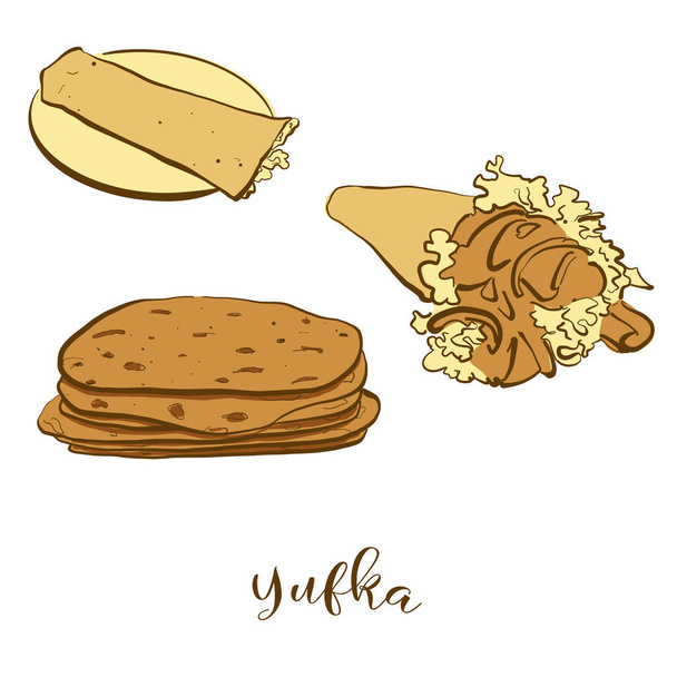 Desenho colorido de pão Yufka. Ilustração vetorial da comida Flatbread, geralmente conhecida na Turquia, Bulgária. Esboços de pão coloridos
. - Vetor, Imagem