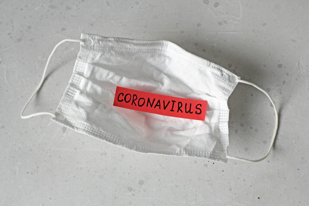 Maska medyczna, na której jest napisane słowo "koronawirus". Używana maska chirurgiczna z gumowymi paskami na uszy. Typowa 3-warstwowa maska chirurgiczna pokrywa usta, nos. Zabieg maskowania bakterii. Ochrona przed koronawirem. - Zdjęcie, obraz