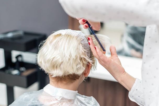Peluquería aplica tinte blanco en el cabello de la mujer en el salón de belleza
. - Foto, Imagen