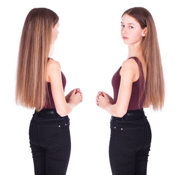 Colagem dois jovens lindos modelos loiros em jeans pretos, isolados em fundo branco
 - Foto, Imagem