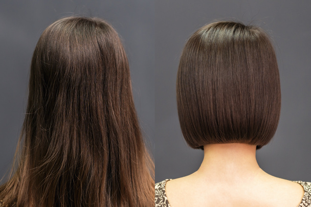 Vista trasera del cabello antes y después del corte de pelo
. - Foto, Imagen
