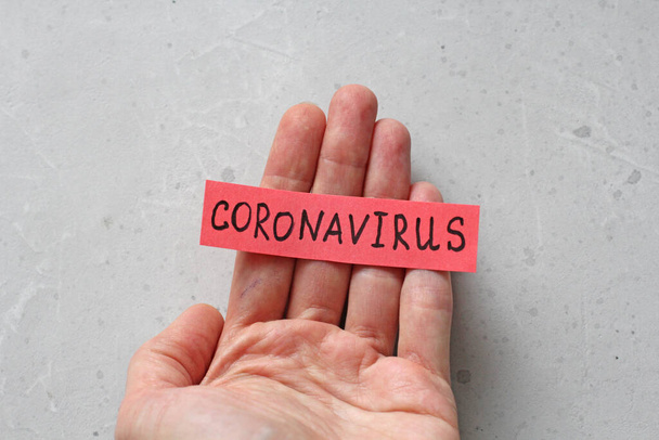Ένα χέρι κρατά τη λέξη Coronavirus, η οποία είναι γραμμένο σε ένα κόκκινο φύλλο χαρτί, σε ένα ανοιχτό γκρι μοντέρνο φόντο. Επιδημία, κίνδυνος, ανάρρωση. - Φωτογραφία, εικόνα