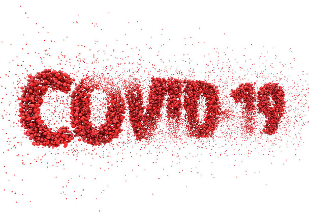lähikuva teksti koostuu punaisen viruksen molekyylejä oikeinkirjoituksen sana covid-19 valkoisella taustalla - 3D tehdä
 - Valokuva, kuva