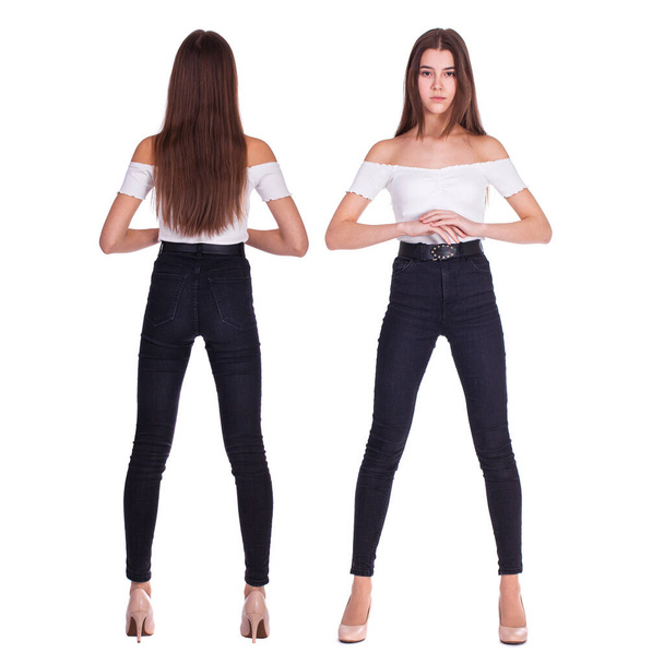 Collage fashion models. Full body portrait of a young beautiful brunette girls in black jeans, isolated on white background - Foto, Imagem