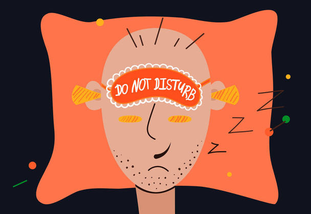 Man with blindfold lies on the bed. Cartoon male character with earplugs and sleep mask. On the mask text Do Not Disturb. Smiling bald man with head on pillow. Vector colorful illustration. - Vector, Image