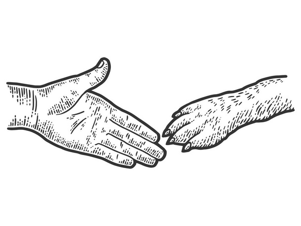 Handshake human and dog. Sketch scratch board imitation. Black and white. - Vector, Image
