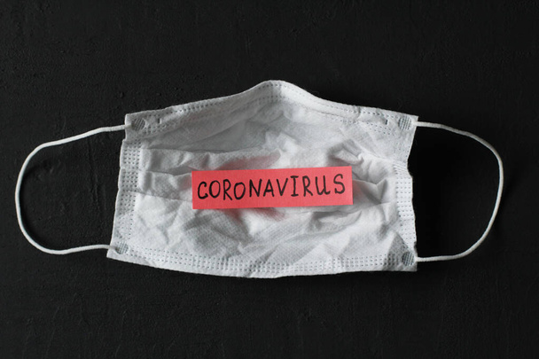 Orvosi maszk, melyre a Coronavirus szó van írva. Sebészeti használt maszk gumi fülpántokkal. Tipikus 3 rétegű sebészeti maszk, eltakarja a száját, orrát. Eljárásmaszk baktériumok. Koronavírus elleni védelem. - Fotó, kép