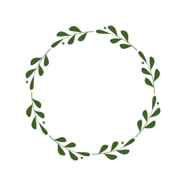 Кругла рамка з зелених гілок з листям і ягодами. Дизайн шаблону для логотипу, запрошення, вітання. Лаконічний стильний вінок. Мінімалістичний кордон. Листяний вінок. Сток Векторні ілюстрації
 - Вектор, зображення