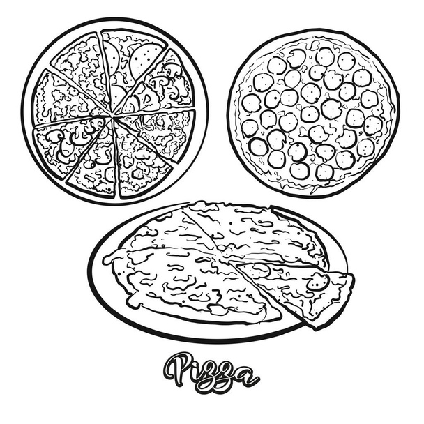 Esbozo de comida de pizza separada en blanco. Dibujo vectorial de pan plano, generalmente conocido en Italia. Serie ilustración de alimentos
. - Vector, imagen