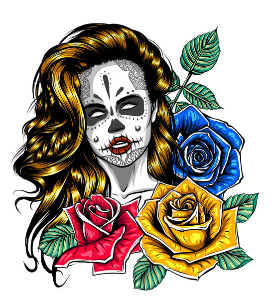 Ημέρα του νεκρού σέξι κορίτσι με τριαντάφυλλα απομονωμένα σε λευκό - Διάνυσμα, εικόνα