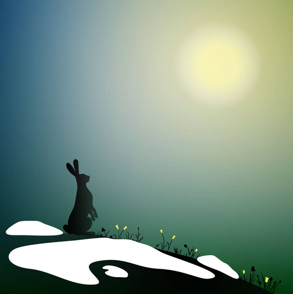 весенний кролик пейзаж, заяц на вершине снежного холма посмотрите на весеннее солнце, весна приходит, пасхальные сцены природы
, - Вектор,изображение