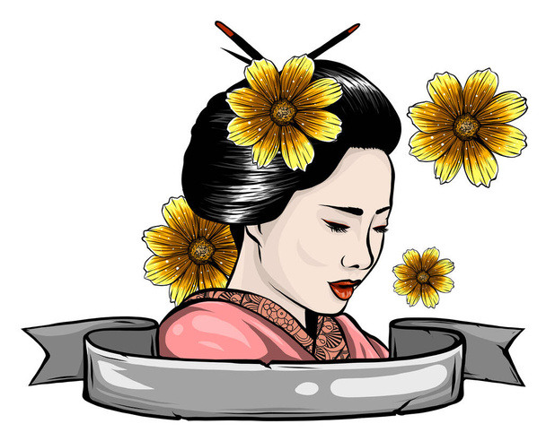 stylized vector illustration of a beautiful geisha girls face - Vector, Image