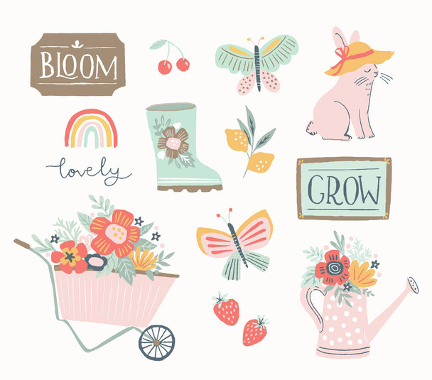 Spring and summer gardening set, hand drawn elements- calligraphy, flowers, wheelbarrow, watering can and other. Perfect for web, card, poster, cover, tag, invitation, stickers. Vector illustration. - Wektor, obraz