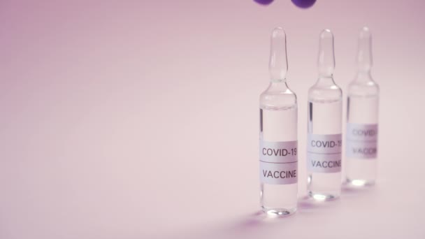 Vaccino al coronavirus. Una mano in guanti medici protettivi blu raccoglie una fiala tra gli altri su una superficie rosa. Il medicinale per COVID-19
 - Filmati, video