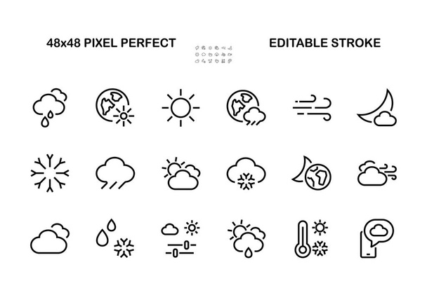 METEO set di icone, icone come previsioni del tempo e nuvole, vento, pioggia, neve, impostazioni meteo e tempo soleggiato e molto altro ancora. Corsa modificabile, linee vettoriali semplici - Vettoriali, immagini