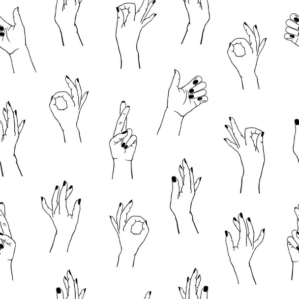 Wektor płynny wzór różnych gestów. Kolekcja żeńskich dłoni w różnych pozycjach - Wektor, obraz