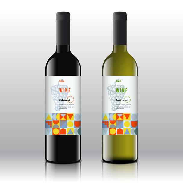 Stylish Red and White Wine Labels Set on the Realistic Vector Bottles. Modern Design with Contemporary Art Pattern and Hand Drawn Grapes Bunch with Typography. - Vector, Image