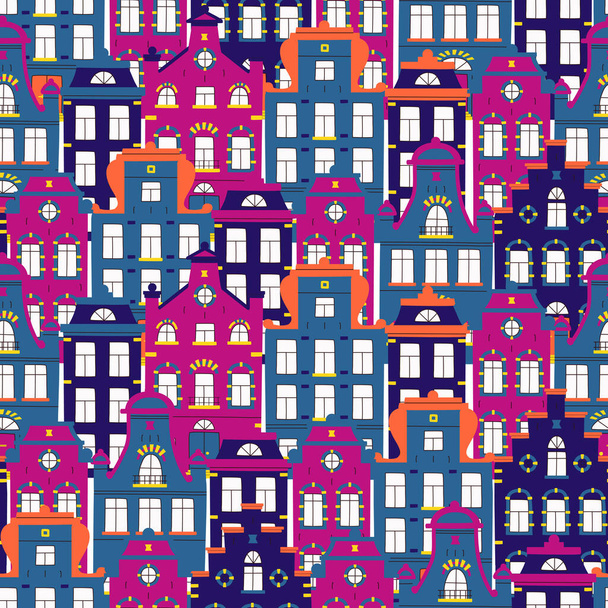 Vector cute seamless pattern with doodle traditional houses. Vector background of multi-colored facades of old buildings in scandinavian trendy style. - Вектор,изображение