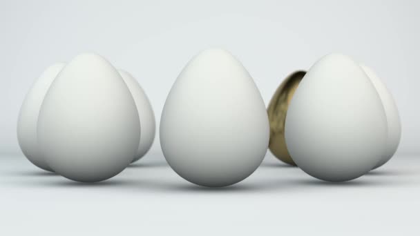 Csirketojások 3D animációja. A tojások körbe-körbe mozognak, és az egyik közülük az Arany. Az ötlet a pénzügyi siker, mesés gazdagság. - Felvétel, videó