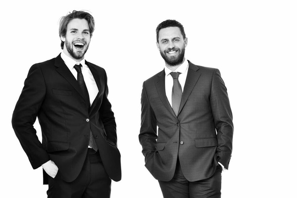 happy men, businessmen with beard on smiling face in outfit - 写真・画像