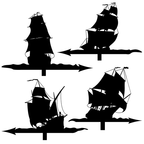 Set of silhouettes of sailing ships weather vanes. - Vector, afbeelding