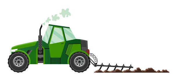 Vihreä maatilan traktori viljelee maata. Raskaat maatalouskoneet kenttätyöhön kuljetus maatilan tasainen tyyli. Maatilan traktorin kuvake. Eristetty litteä tyyli, vektori kuva
 - Vektori, kuva