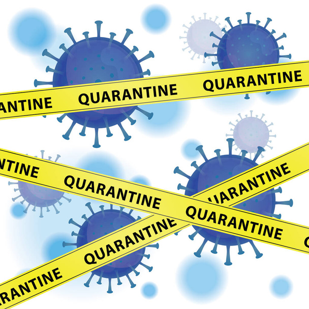 Ilustración vector gráfico del virus Corona con cintas amarillas de advertencia con palabra Cuarentena, infección en Wuhan. virus azul, fondo blanco, epidemia, pandemia de covid-19
 - Vector, imagen