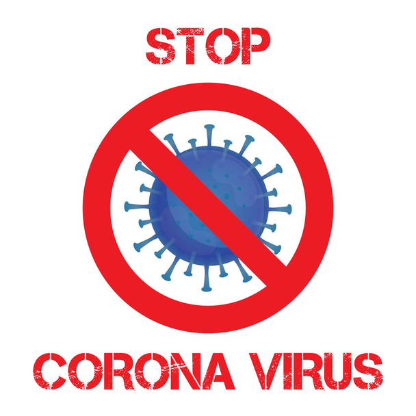 Illustratie grafische vector van het Corona virus, infectie in Wuhan. Verbodssymbool, waarschuwingsbord. Blauw virus, witte achtergrond, epidemie, covid-19 pandemie - Vector, afbeelding