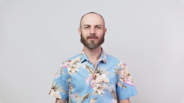 Szczęśliwy brodaty mężczyzna w hawajskiej koszuli z kciukami na białym tle. Dobra robota, bardzo dobrze.. - Materiał filmowy, wideo