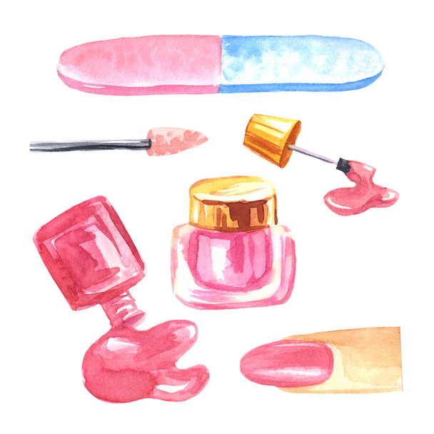 watercolor set manicure, beauty salon, nails, nail polish, frieze, drip brushes on an isolated white background - Foto, Bild