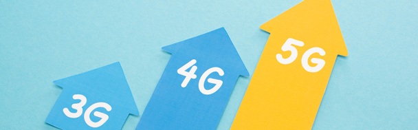 3g, 4g and 5g arrows on blue background, panoramic shot - Photo, Image