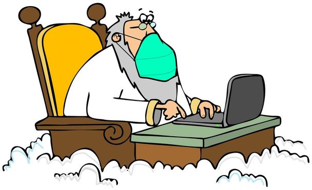 Zdjęcie św. Piotra siedzącego przy biurku w chmurach i noszącego maskę chirurgiczną. - Zdjęcie, obraz