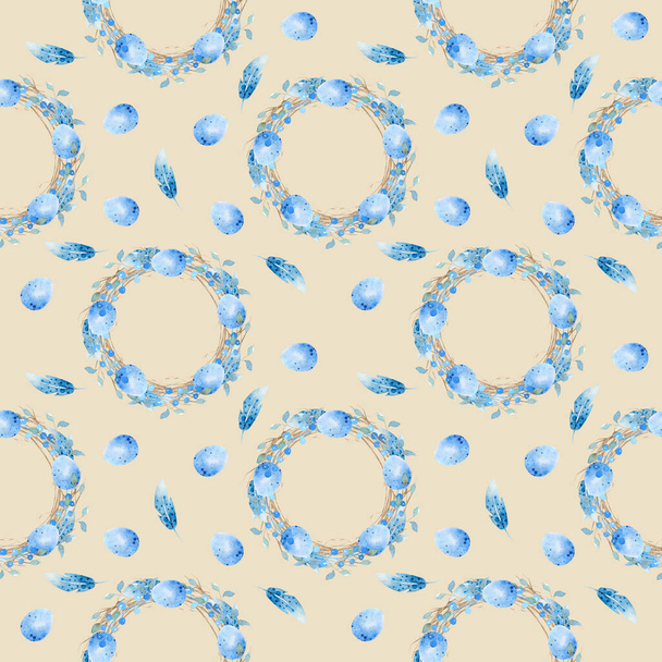 Seamless pattern with watercolor drawings of a blue Easter wreath with bird eggs, twigs, and feathers on a beige background. Easter background for decor. Spring, holiday concept. - Fotó, kép