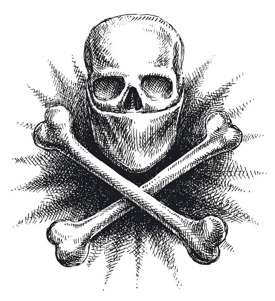 Maskierter Schädel und Knochen. Handgemachte Illustration.  - Vektor, Bild
