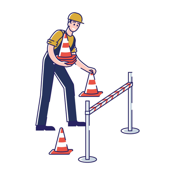 道路工事の概念。男は歩行者や交通の安全のための警告標識を設定しています.労働者は道路工事と障壁の兆候を設定します.漫画リニアアウトラインフラットスタイル。ベクターイラスト - ベクター画像