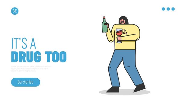 Concept Of Alcoholism, Drink Alcohol. Website Landing Page. Drunk Female Character is Drinking Wine, Holding Bottle And Glass Of Beverage. Web Page Cartoon Linear Outline Flat Vector Illustration - Vector, Image