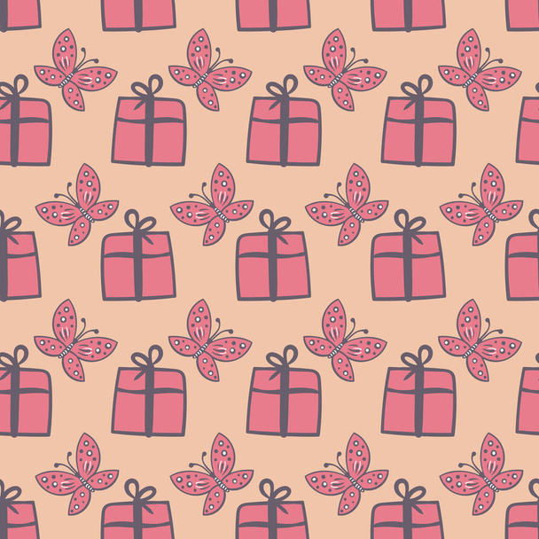 подарки и бабочки бесшовный векторный розовый узор
 - Вектор,изображение