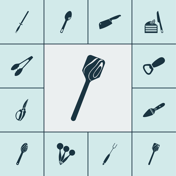 Icônes de coutellerie avec spatule en bois, vaisselle, cuillère en bois et autres éléments de vaisselle. Illustration isolée icônes couverts
. - Photo, image