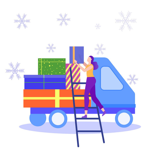 Woman Load Gift Box into Truck. Christmas Holiday. - Vektor, obrázek
