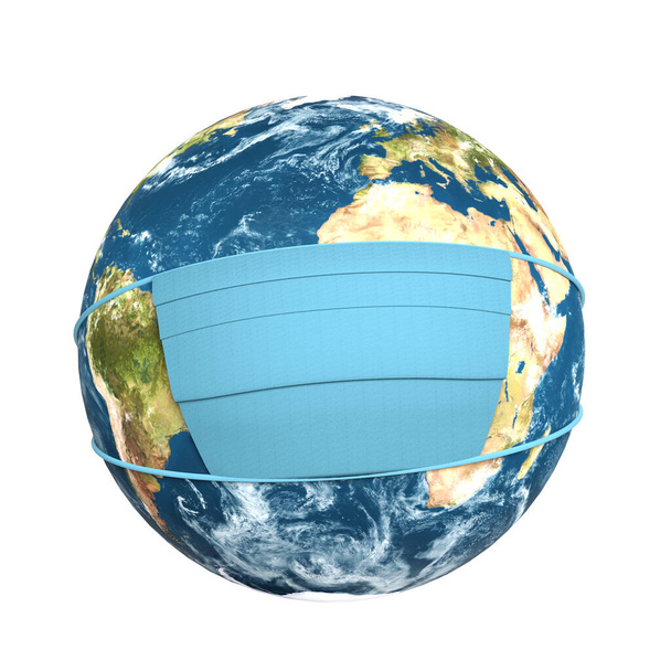 πλανήτης Γη με χειρουργική μάσκα, 3D απόδοση λευκό φόντο - Φωτογραφία, εικόνα
