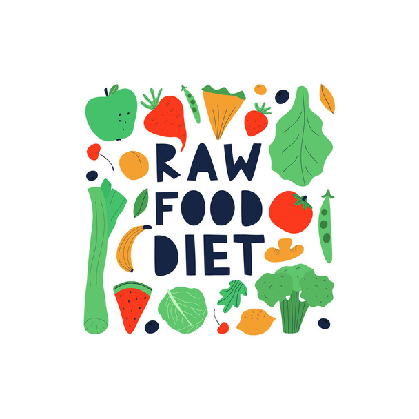 Vegetarian and raw food diet concept. Lettering Raw food diet with fruits and vegetables clipart. Flat vector illustration. Web design for banner, poster and card - ベクター画像