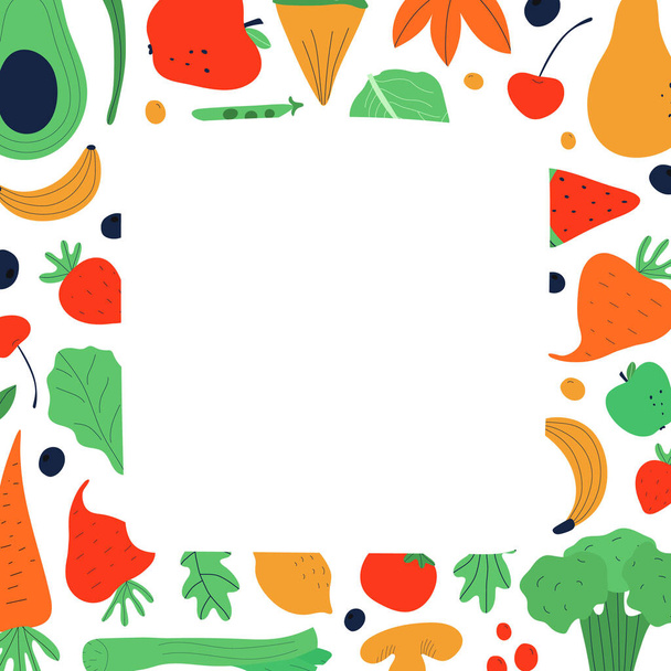 Vegetarian and raw food diet concept. Colorful frame with copy space for text. Flat vector illustration.  - Вектор,изображение