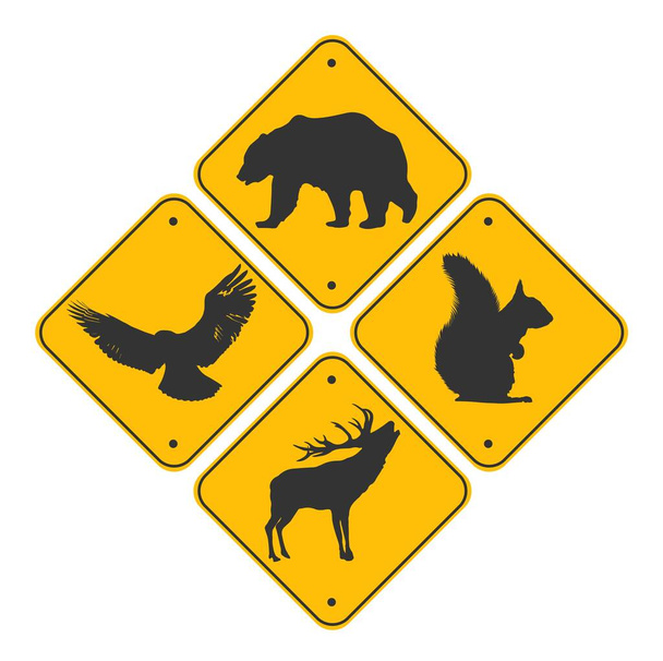 Road signs set of animals . Black color Bear, eagle, deer and squirrel. - Vector, Image