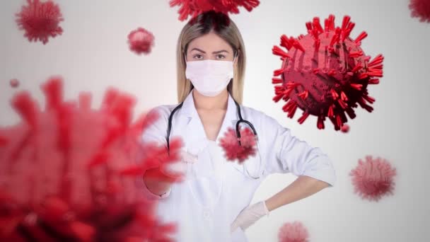 Cellule di Coronavirus (Covid-19) in animazione 3D realistica. Virus pandemico. Rischio biologico. Sfondo bianco. Medico donna che offre maschera
. - Filmati, video