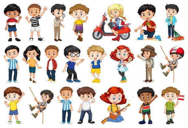 Große Gruppe von Kindern bei verschiedenen Aktivitäten Illustration - Vektor, Bild