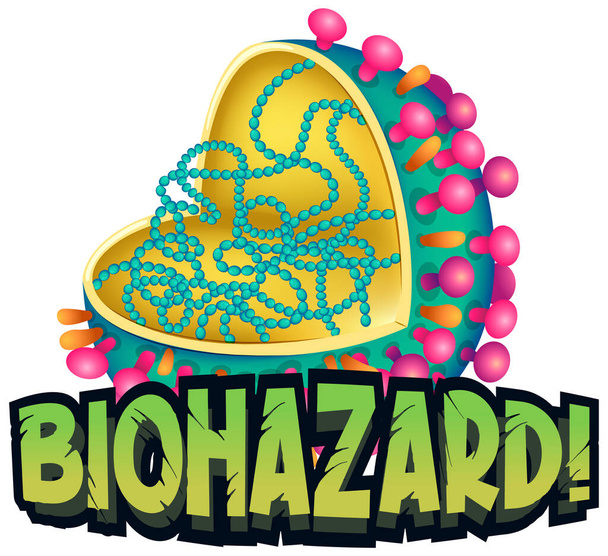 Σχεδιασμός γραμματοσειράς για τη λέξη "βιολογικός κίνδυνος" με απεικόνιση των κυττάρων του Coronavirus - Διάνυσμα, εικόνα