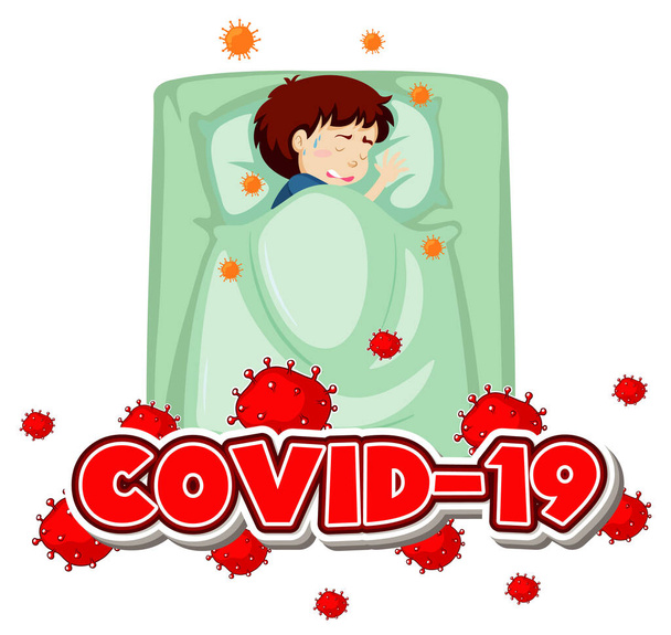 ベッドのイラストで病気の男の子とコロナウイルスのテーマ - ベクター画像