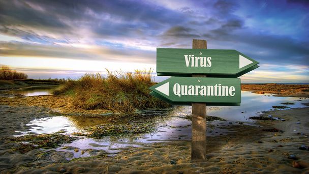 Straßenschilder auf dem Weg zur Quarantäne versus Virus - Foto, Bild