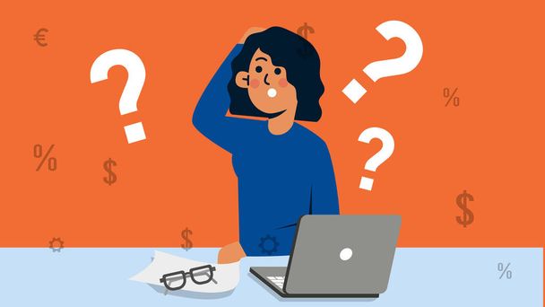 Young business woman thinking on table under question marks. Vector flat cartoon illustration character icon surrounded by concept. Women think with mark isolated on orange background. - Vector, Image