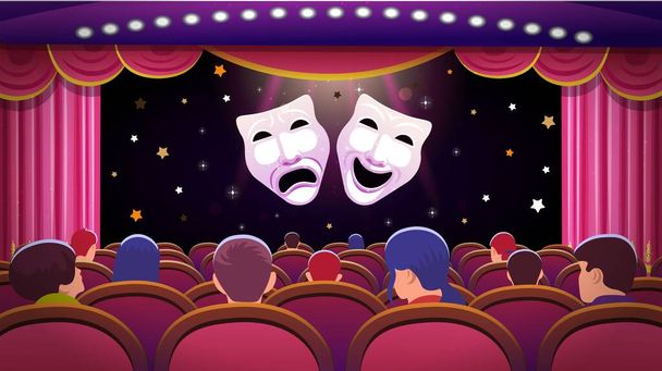 Σκηνή θεάτρου με κόκκινη ανοιχτή κουρτίνα και κόκκινες θέσεις με ανθρώπους και μάσκες θεάτρου κωμωδίας και τραγωδίας. Εικονογράφηση διανύσματος - Διάνυσμα, εικόνα